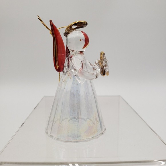 Vintage Glass Angel Ornament Clear Iridescent Body Red & Gold Wings 2.5" - Picture 9 of 12
